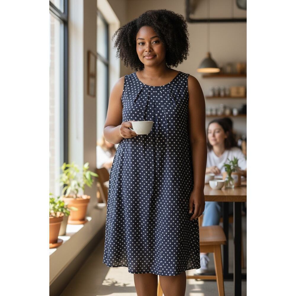 Alfani Retro Navy Dress Polka Dot Sleeveless Side Pockets Lined Sz 16